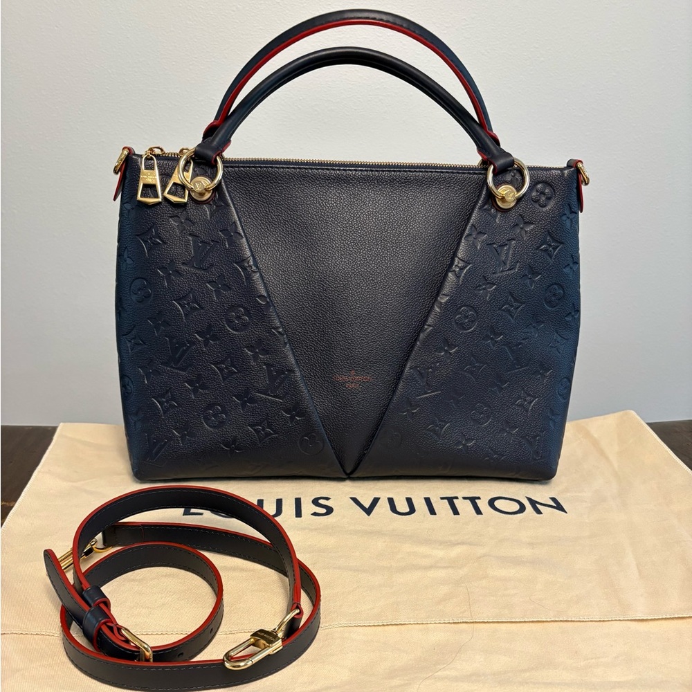 Louis Vuitton V Tote Emperiente Dark Blue Shoulder Bag with Red Accents